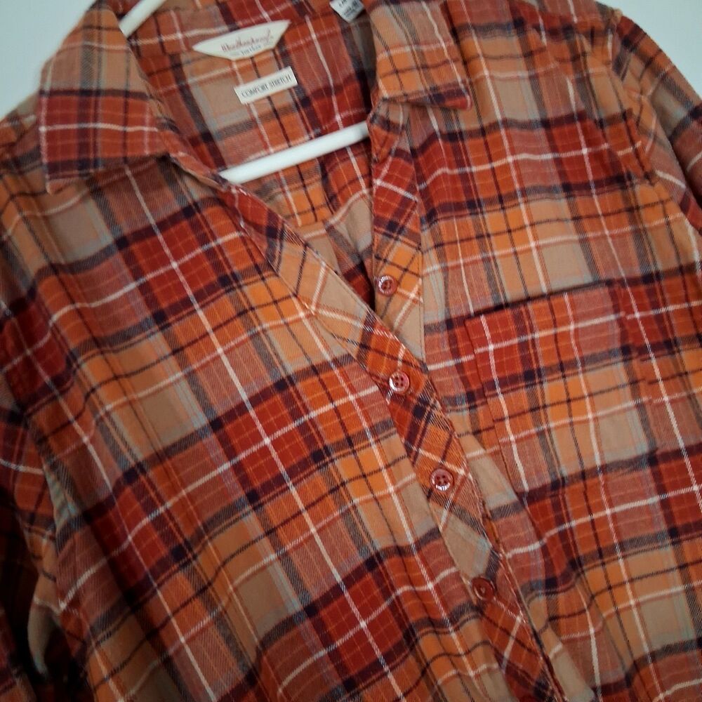 Weatherproof Vintage Women Plaid Flannel Shirt Comfort Stretch Orange Large